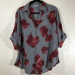 M P H Collection Blouse striped w burgundy roses
